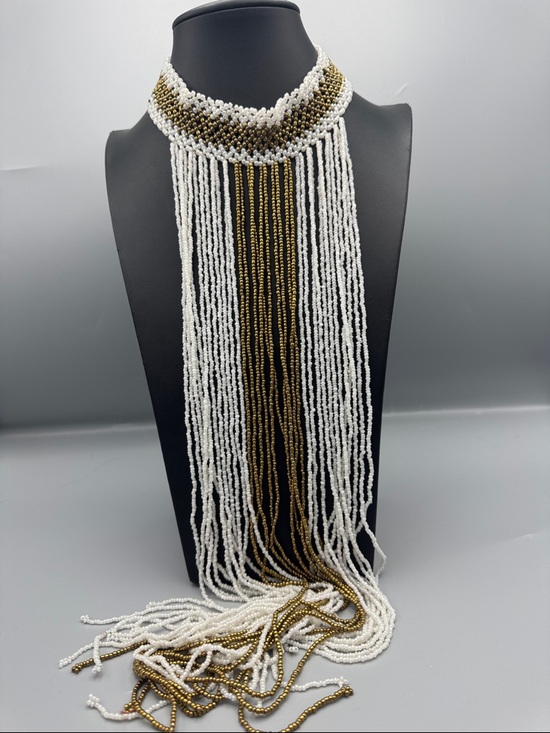 Jewelry - Handmade White and Gold Seed Bead Fringe Necklace